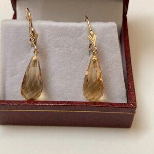 14K Yellow Gold Citrine Earrings Briolette Cut Dangle